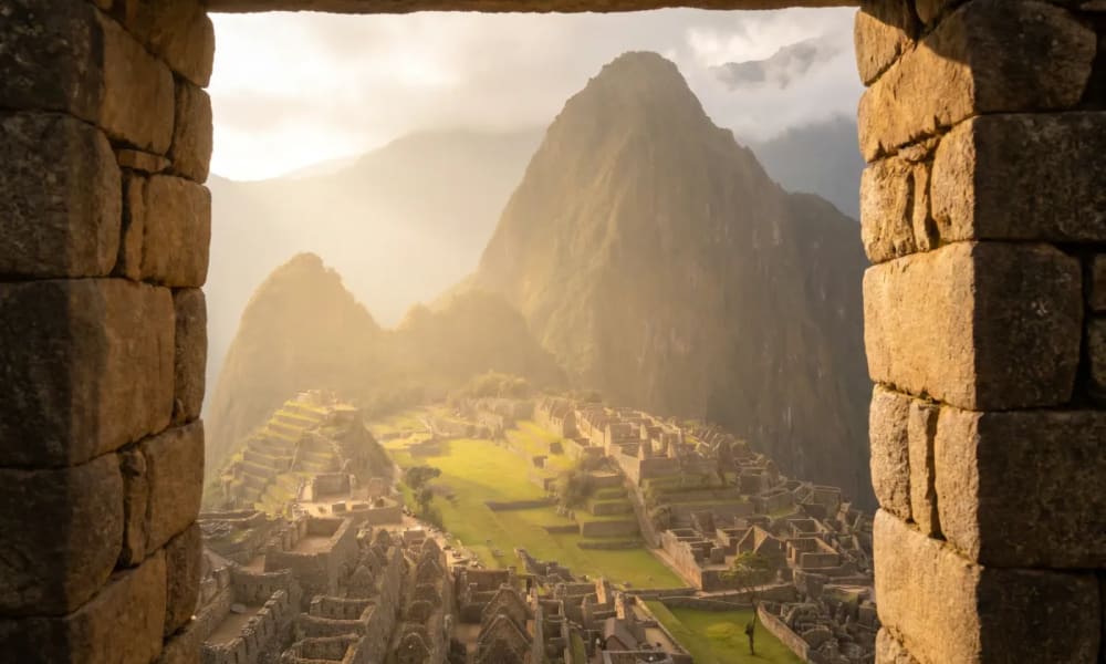 Blick durch ein steinernes Fenster auf Machu Picchu bei Sonnenaufgang mit den antiken Inka-Ruinen und steilen Berggipfeln im goldenen Morgenlicht.