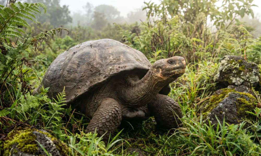 Eine Galápagos-Riesenschildkröte, die durch üppige grüne Vegetation und moosbedeckte Steine in einer nebligen Umgebung läuft.
