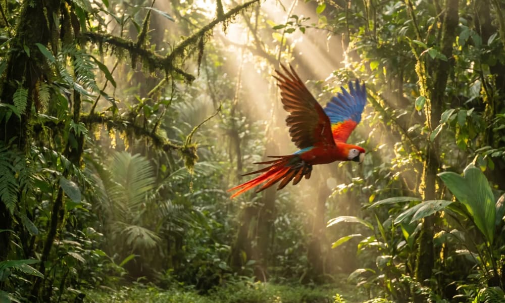 Ein leuchtend roter Arassari im Flug durch einen dichten, sonnenbeschienenen tropischen Regenwald mit Sonnenstrahlen, die durch das dichte grüne Laub fallen.