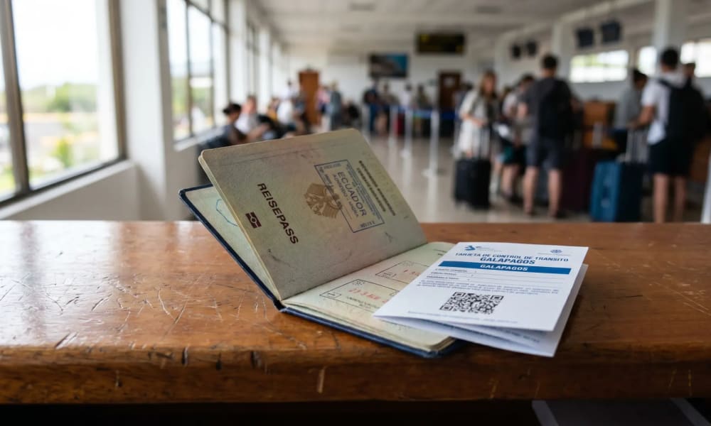 Ein deutscher Reisepass und ein Dokument mit einem QR-Code liegen auf einem Holztisch in einem Wartebereich eines Flughafens mit Personen und Gepäck im Hintergrund.