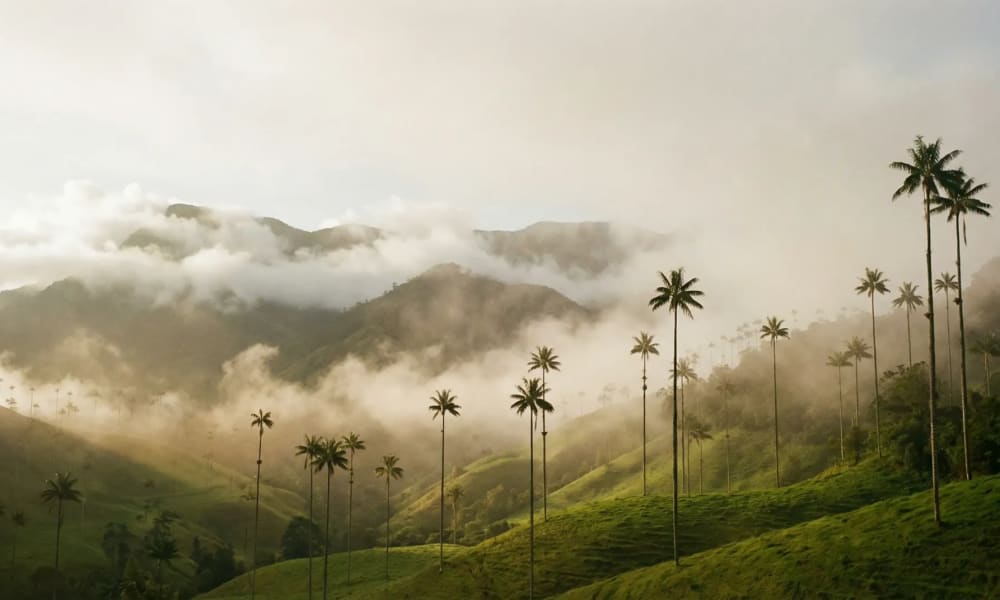 Wachspalmen ragen bis 60 Meter hoch aus dem morgendlichen Nebelwald im Valle de Cocora bei Salento in Kolumbiens Kaffeeregion