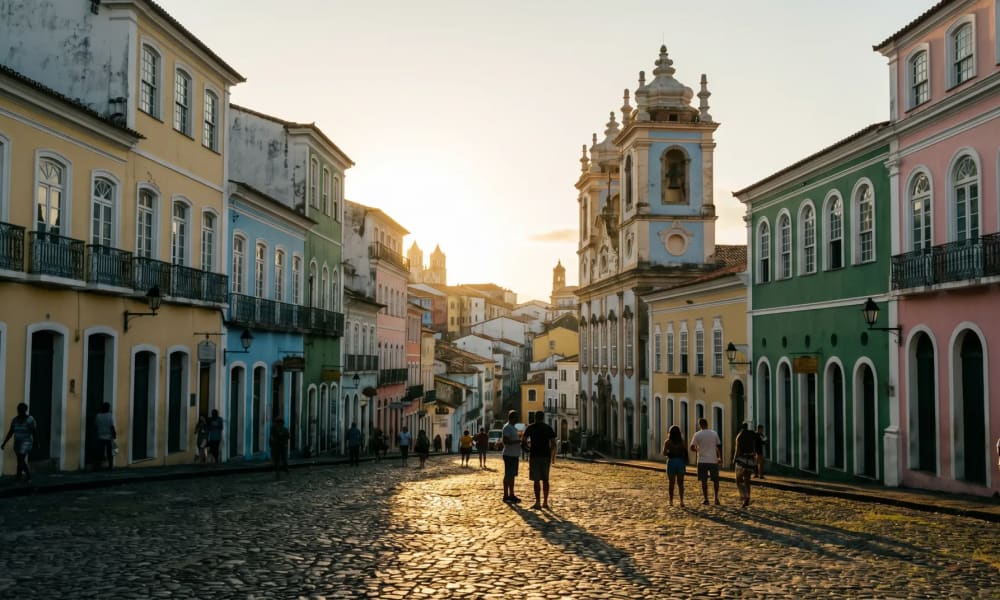 Bunte Kolonialfassaden und Kopfsteinpflastergassen im UNESCO-Welterbe Pelourinho in Salvador de Bahia im goldenen Licht der Abendsonne