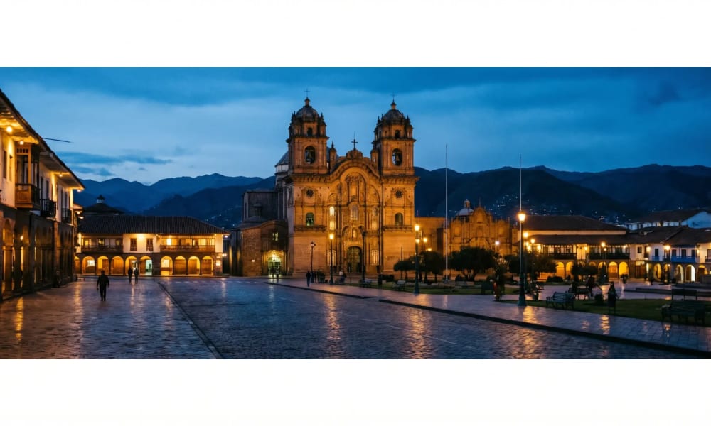 Plaza de Armas in Cusco zur blauen Stunde mit beleuchteter Kathedrale und Anden im Hintergrund