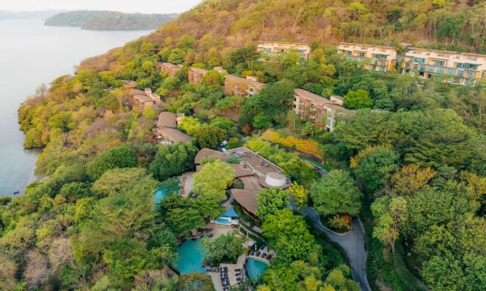 Aerial view of a lush resort nestled among green trees on a hillside overlooking a lake.
