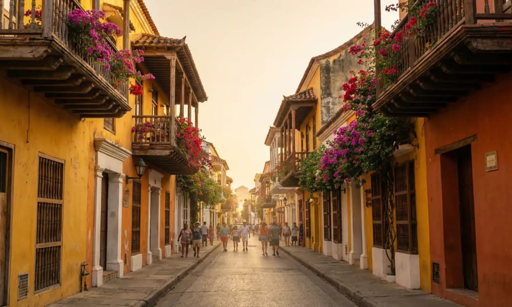 Belebte Strasse in Cartagenas Altstadt bei Tageslicht mit bunter Kolonialarchitektur und Passanten — Kolumbien Sicherheit fuer Touristen