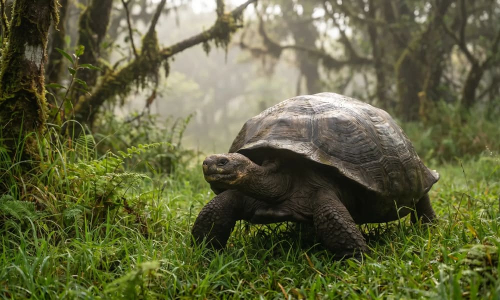 Eine große Galápagos-Riesenschildkröte, die im üppigen grünen Gras mit dichtem Wald im Hintergrund läuft.