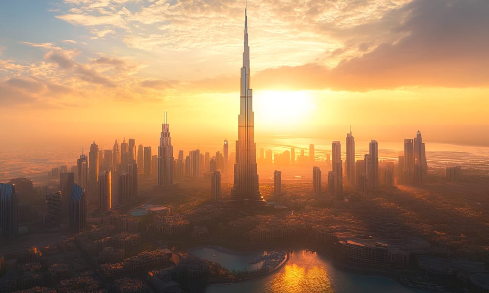 Sunset behind the Dubai skyline with the Burj Khalifa at the center, surrounded by numerous skyscrapers.