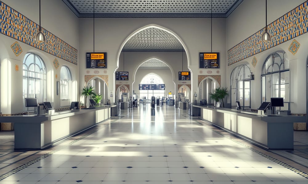 Heller, geräumiger Bahnhof mit Check-in-Schaltern und digitalen Anzeigetafeln, dekoriert mit marokkanischen Bögen und Mustern.