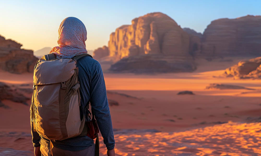 A person with a backpack exploring desert terrain with rock formations in the background during sunset.