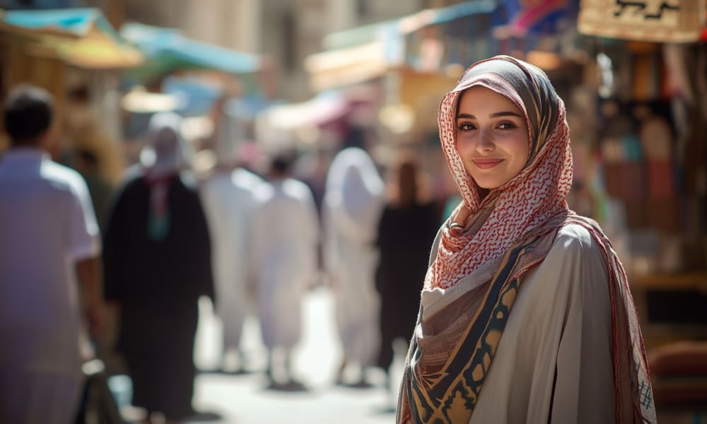 Eine junge Frau mit Kopftuch und traditioneller Bescheidenheitskleidung läuft tagsüber durch einen geschäftigen Markt in Saudi-Arabien.