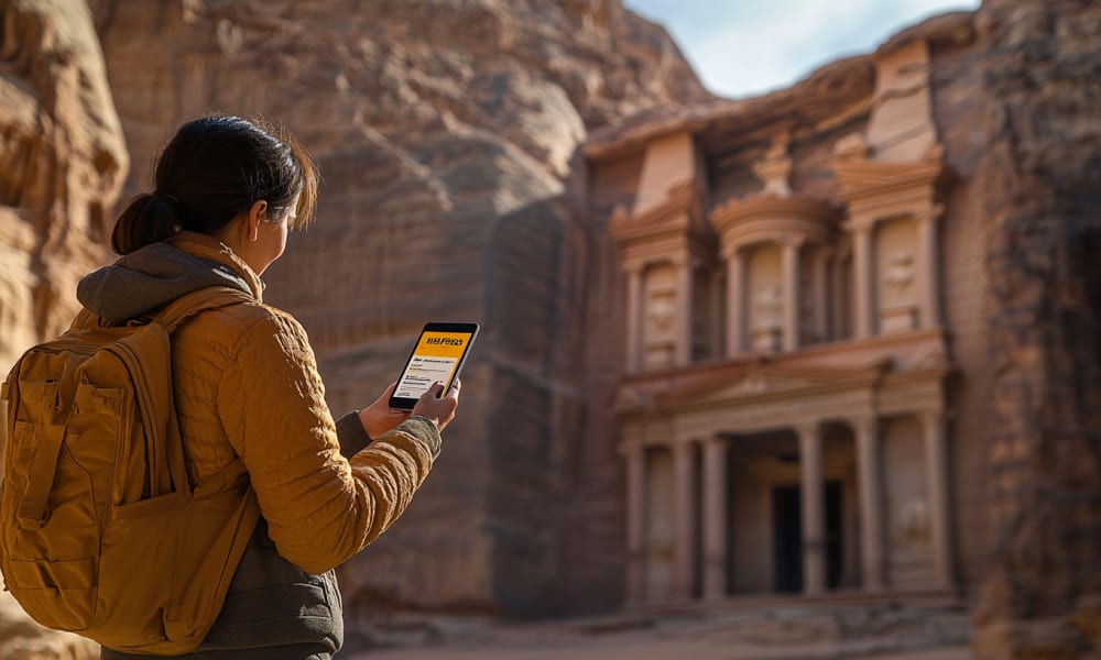 Eine Frau mit Rucksack, die ein Smartphone benutzt, um die antike steingeschnittene Stadt Petra in Jordanien zu fotografieren.