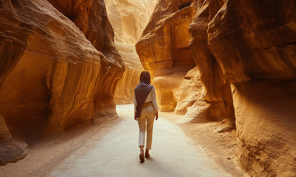 Eine Frau läuft durch einen engen Canyon mit hohen, geschichteten Felsenformationen in Jordanien.