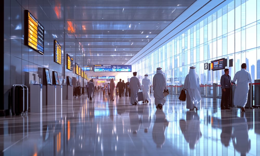 Travelers walking through a modern airport terminal with large glass windows and digital departure boards.