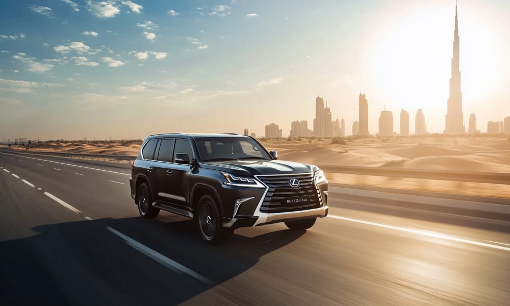 Ein schwarzer Lexus SUV fährt auf einer Autobahn mit Blick auf die Dubai-Hauptstadt im Hintergrund bei Sonnenuntergang.