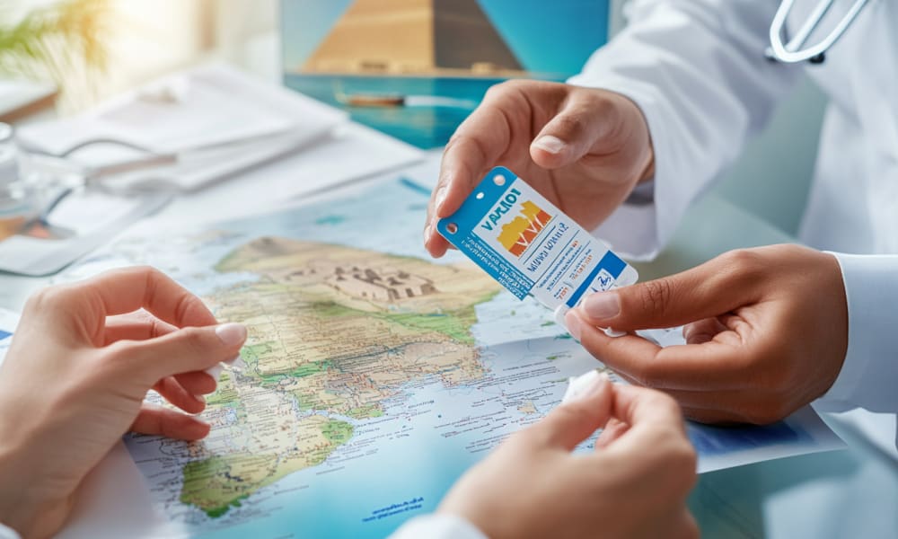 A healthcare professional hands over a vaccination card to a patient over a map of Egypt on a table.