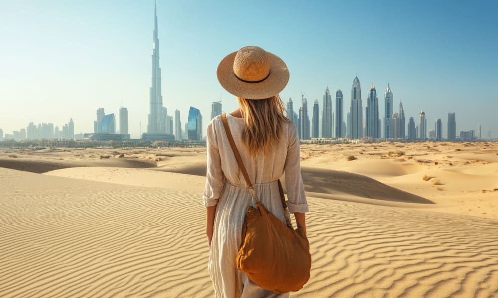 Eine Frau in einem leichten Kleid und Hut steht in der Wüste mit Dubais Skyline im Hintergrund.