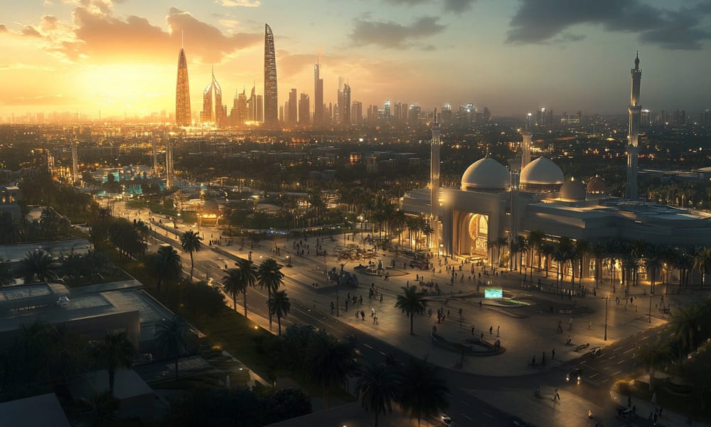 Sonnenuntergang über die Skyline von Abu Dhabi mit hohen Wolkenkratzern und einem belebten öffentlichen Platz mit Menschen, Palmen und einem modernen Gebäude mit Kuppelarchitektur.