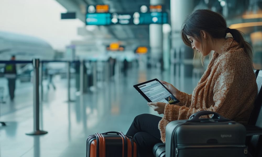 A young woman sitting at an airport with luggage, using a tablet.