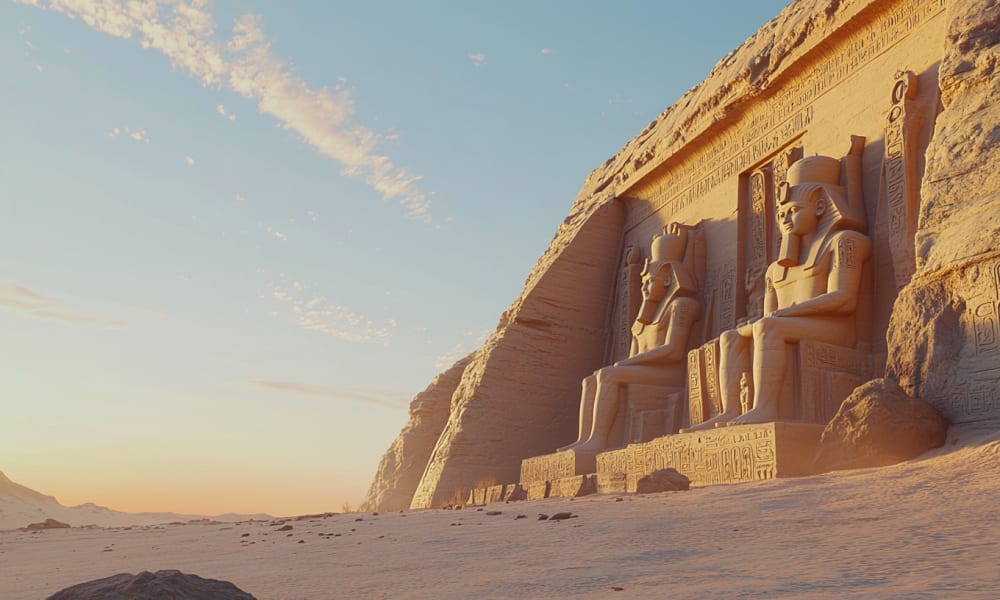 Alte ägyptische Statuen, in eine Klippe gehauen, mit Sonnenuntergang im Hintergrund.