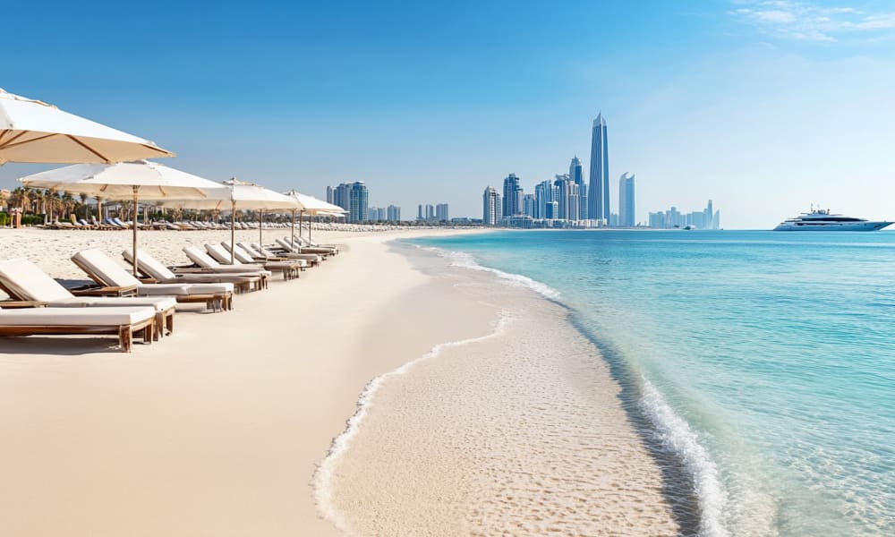 Leerer Strand mit weißem Sand, Sonnenliegen, Sonnenschirmen und Blick auf die Skyline einer Stadt im Hintergrund.