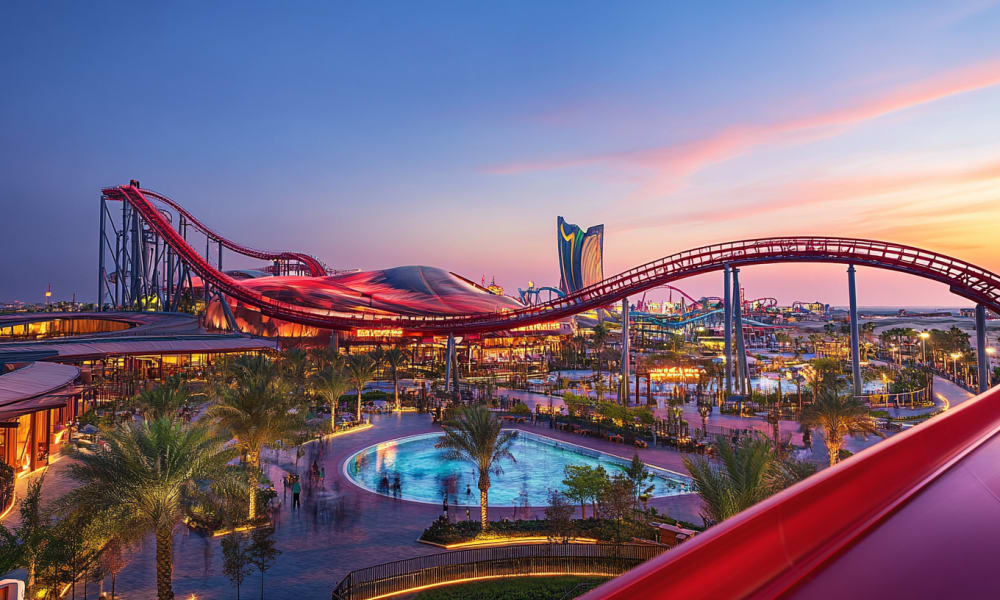A vibrant amusement park during sunset with a large roller coaster, palm trees, and a swimming pool.