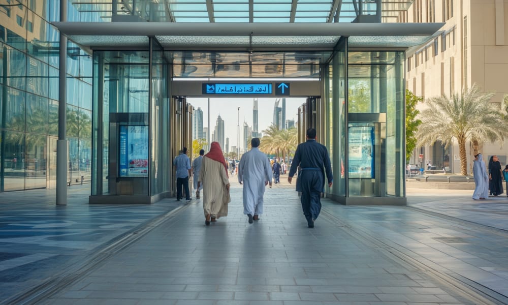 People walk through a modern glass entrance in Dubai, with palm trees and skyscrapers visible in the background.