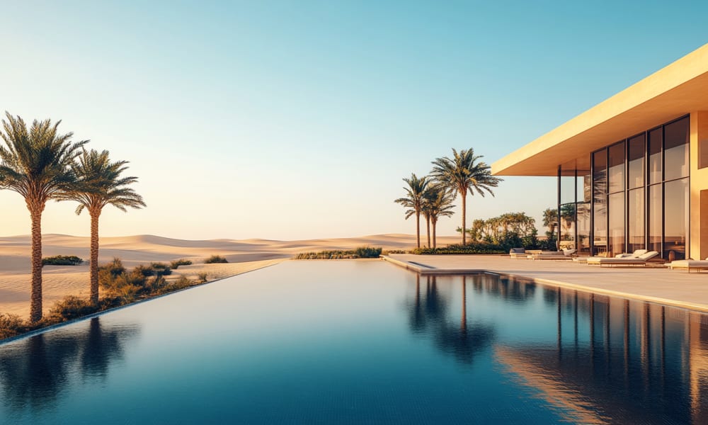 Luxusresort mit Infinity-Pool und moderner Architektur mit Blick auf die Wüstenlandschaft in den VAE.