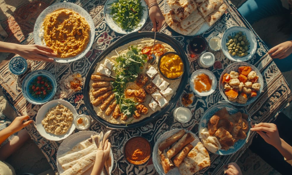 Eine bunte traditionelle nahöstliche Mahlzeit auf einem gemusterten Tischtuch, mit verschiedenen Schüsseln von Salaten, Dips, Brot und gegrilltem Fleisch.