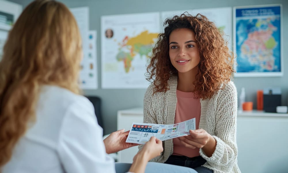 Eine Frau erhält in einem Büro von einem medizinischen Fachpersonal Informationen über Impfungen und Gesundheitsvorkehrungen für Marokko.