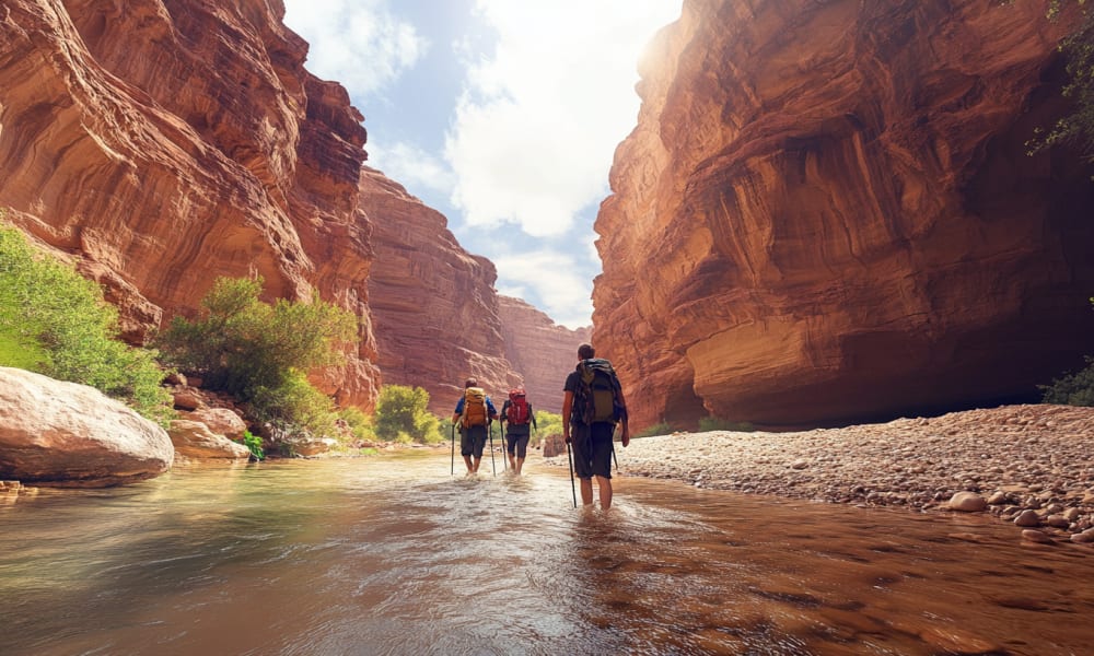Group of hikers walking through a river in a canyon with tall red rock walls on both sides.