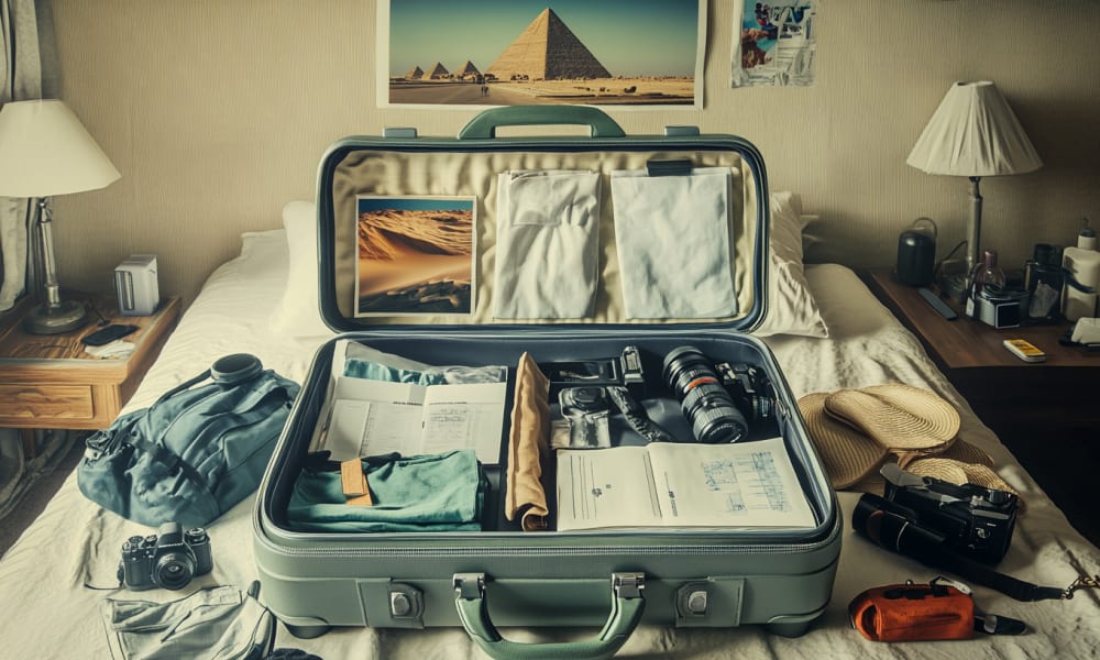 Ein Hotelzimmer mit einem geöffneten, sorgfältig gepackten Koffer, gefüllt mit Kameras, Objektiven, einem Hut und Reisedokumenten, bereit für eine Ägyptenreise.