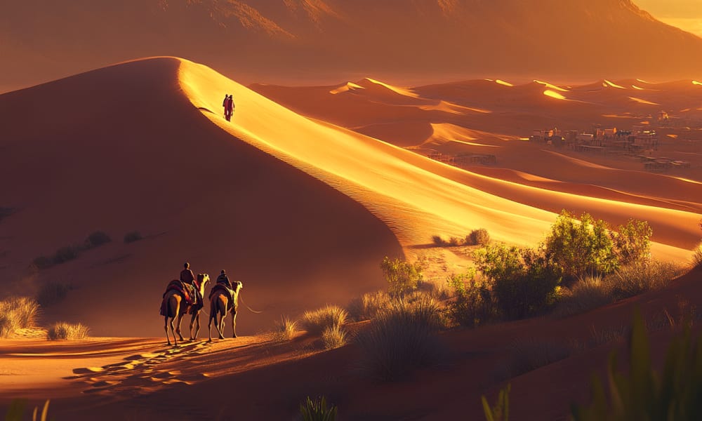 Drei Reisende auf Kamelen reiten durch die Wüste mit Sanddünen, die im Sonnenuntergang leuchten, während ein einsamer Wanderer auf der Dünenkuppe läuft und lange Schatten wirft.