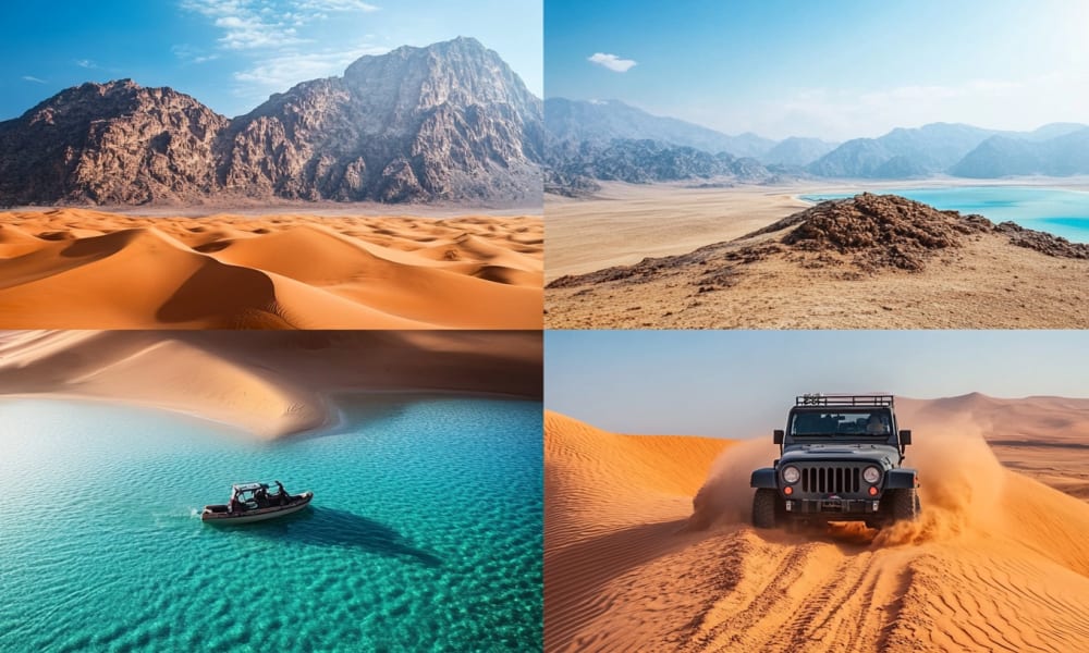 Collage of outdoor activities in the UAE, including mountains, desert sands, a boat in turquoise water, and a Jeep on sand dunes.
