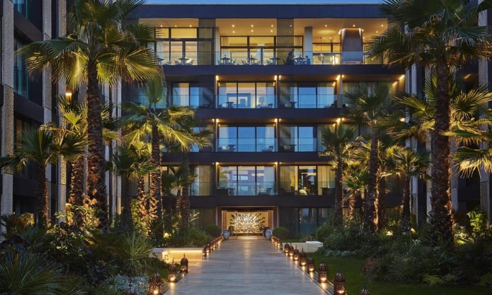 Elegant hotel entrance surrounded by tall palm trees with a well-lit pathway leading to the building.