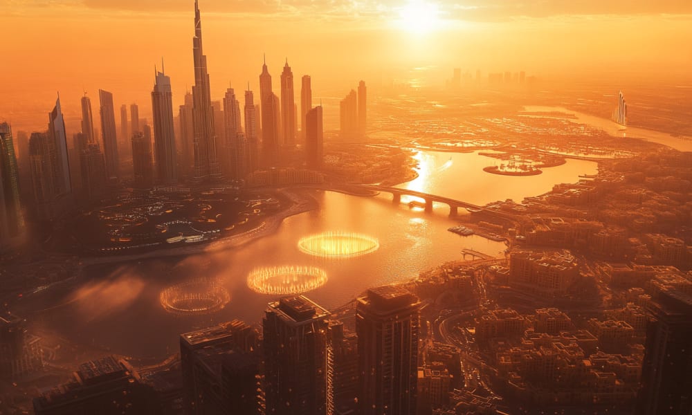 Eine Panoramaansicht der Dubai-Skyline bei Sonnenuntergang, mit hohen Wolkenkratzern und künstlichen Seen, die den orangefarbenen Himmel spiegeln.