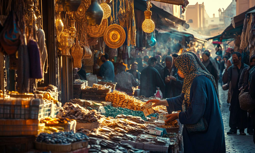 Ein lebhafter Markt in Marokko mit verschiedenen Schmuckstücken und Accessoires ausgestellt, und eine Frau beim Einkauf.