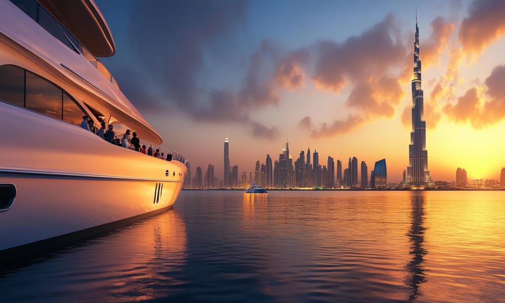 Eine luxuriöse Yacht auf ruhigem Wasser mit Dubais Skyline, inklusive Burj Khalifa, bei Sonnenuntergang.