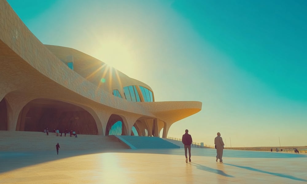 Menschen spazieren entlang eines modernen architektonischen Gebäudes am Wasser bei Sonnenuntergang in Katar.