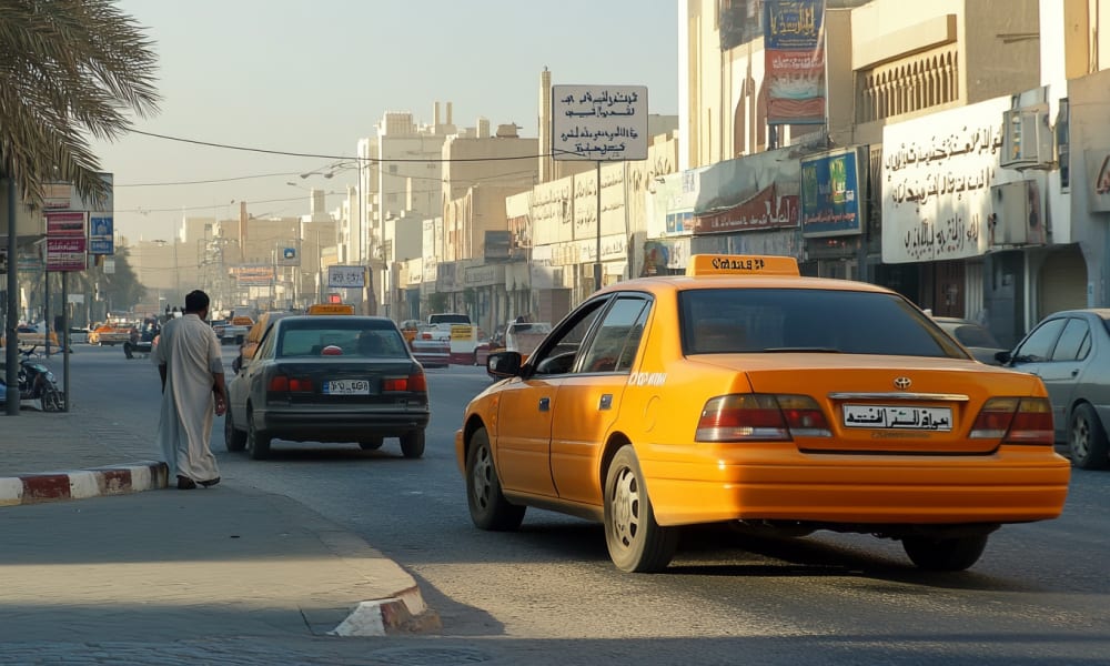 Eine belebte Straße in Bahrain mit Autos und Fußgängern, darunter ein gelber Taxi und Geschäfte an der Straße.