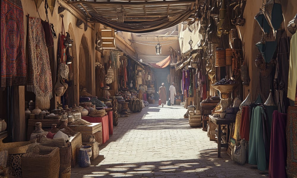 A bustling market street in Morocco with various stalls selling textiles, pottery, and clothing under shaded canopies.