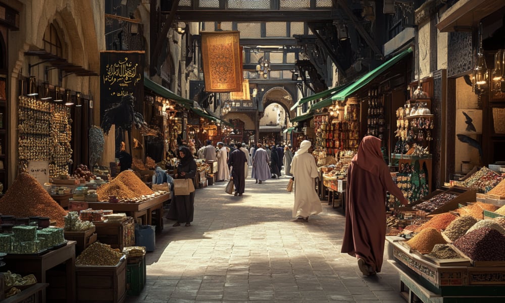 Ein lebhafter traditioneller Markt oder Souk in Katar mit Verkäufern, die Gewürze und Textilien verkaufen.