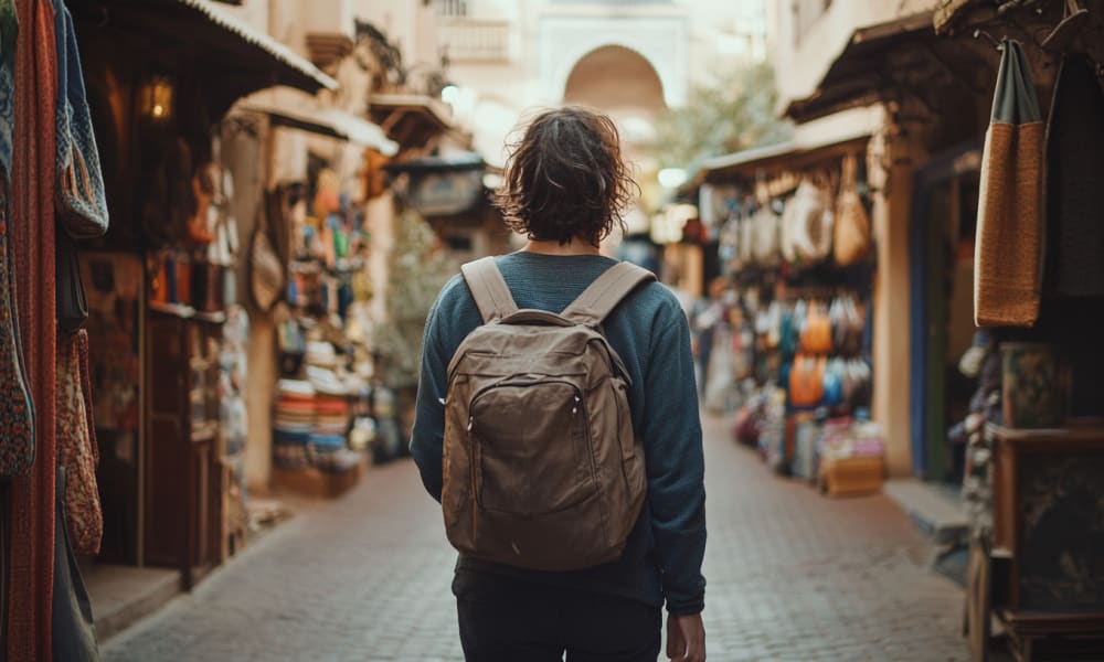 A person with a backpack walking through a bustling market street in Morocco.