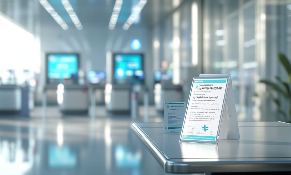 Vaccination and health regulation signs displayed at an airport.