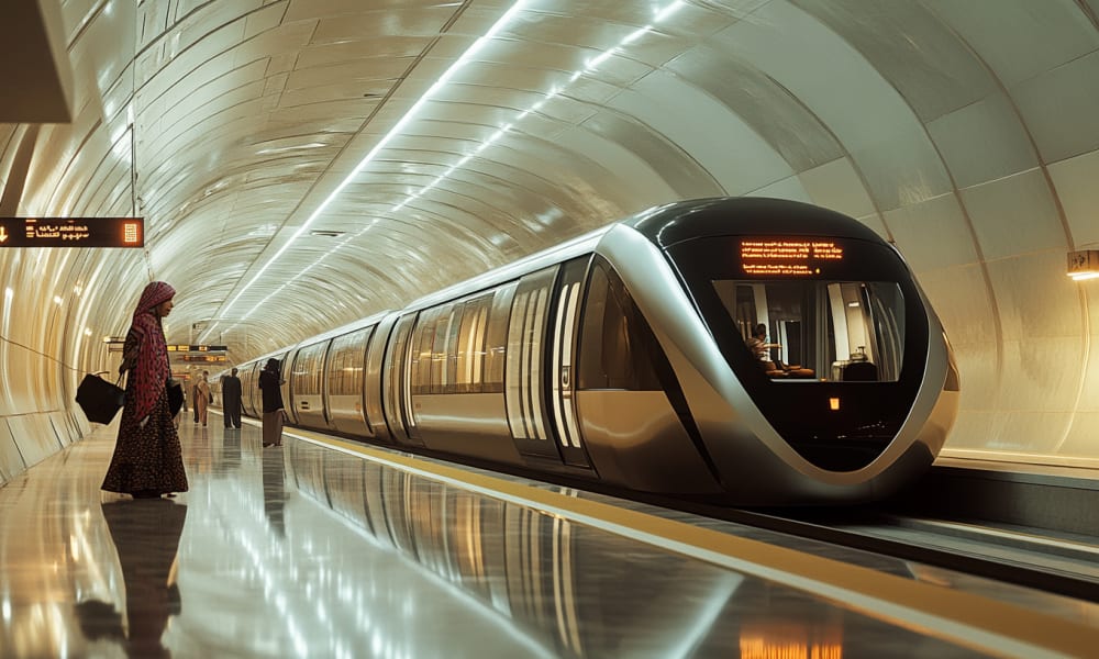 Ein modernes Metro-Zug in einer eleganten, beleuchteten U-Bahn-Station in Katar mit wartenden Passagieren.