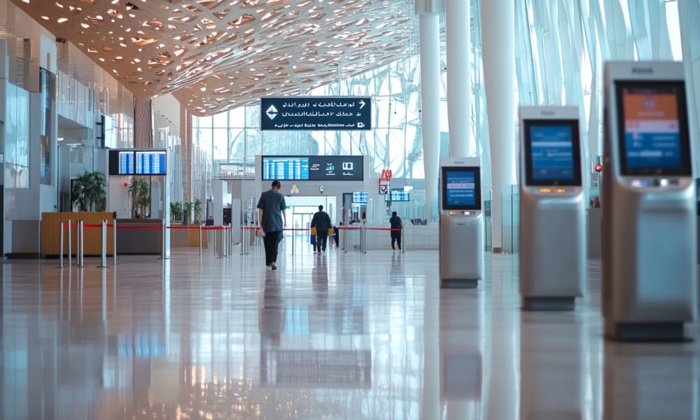 Interior of a modern airport with check-in kiosks and travelers walking
