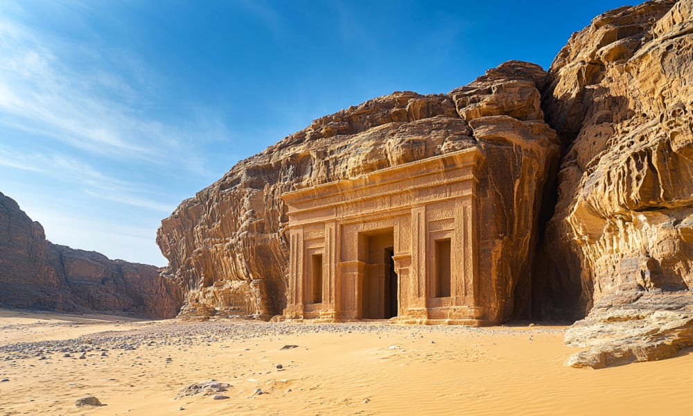 Alter Wein- und Felsengräber, die in Sandsteinfelsen in einer Wüstenlandschaft in Saudi-Arabien eingebaut sind.