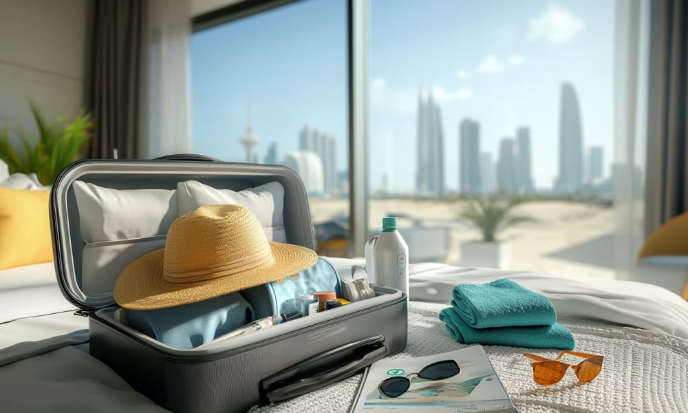 Packliste für einen Urlaub in Abu Dhabi auf einem Hotelbett mit Stadtblick außerhalb.