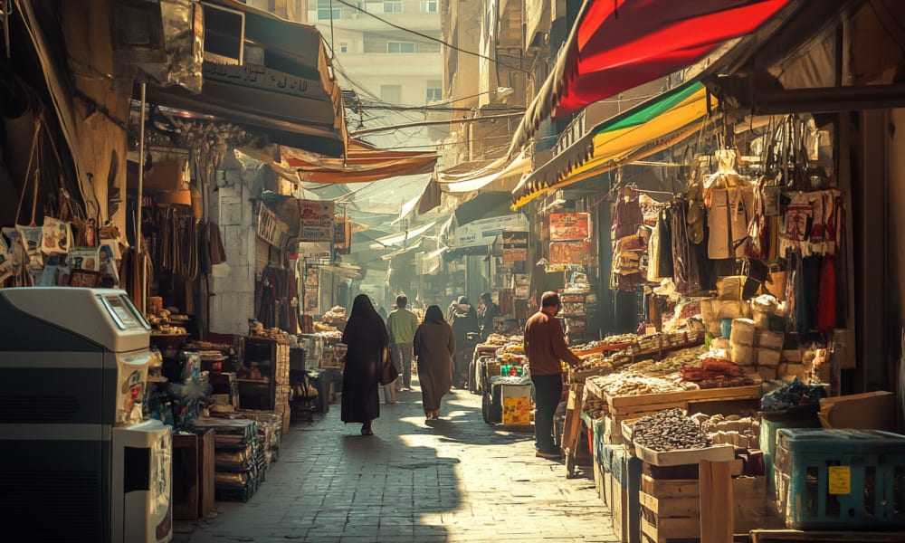 Eine belebte Marktplatzstraße in Jordanien mit verschiedenen Verkäufern und Einkaufenden unter bunten Sonnenschutzvorrichtungen.