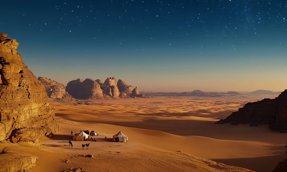 Eine weite Wüste bei Nacht mit Felsformationen und kleinen Zelten im Sand unter einem sternenklaren Himmel.