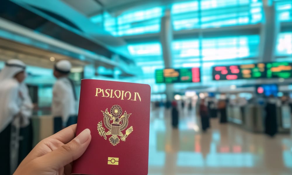 Eine Person hält einen Reisepass am Flughafen Dubai mit den Check-in-Schaltern im Hintergrund.
